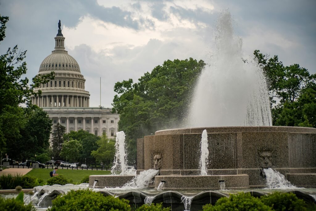 Aerial view of the National Mall in Washington DC with monuments and museums