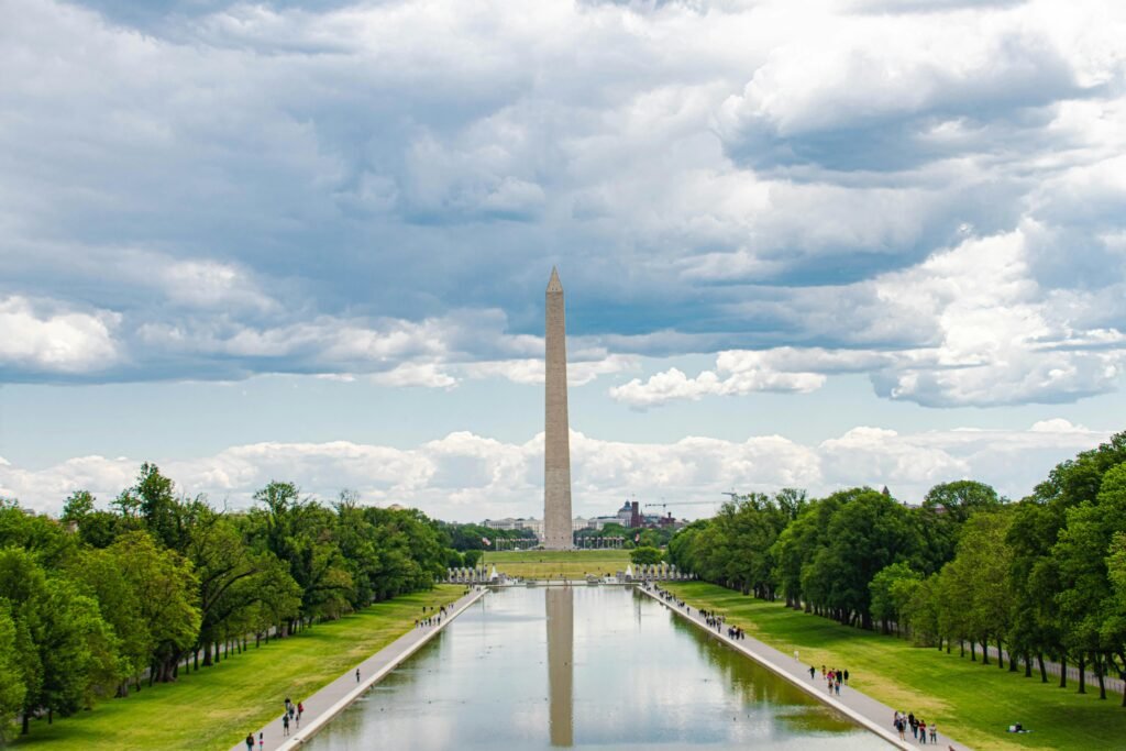 “The Washington Monument towering over the National Mall in Washington, DC under a clear blue sky.”