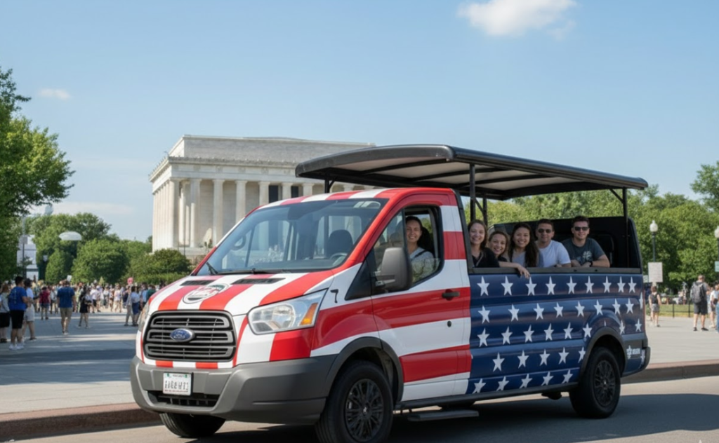 A Ford Transit open-air minibus with a patriotic American flag wrap carrying tourists past the Washington DC tour.