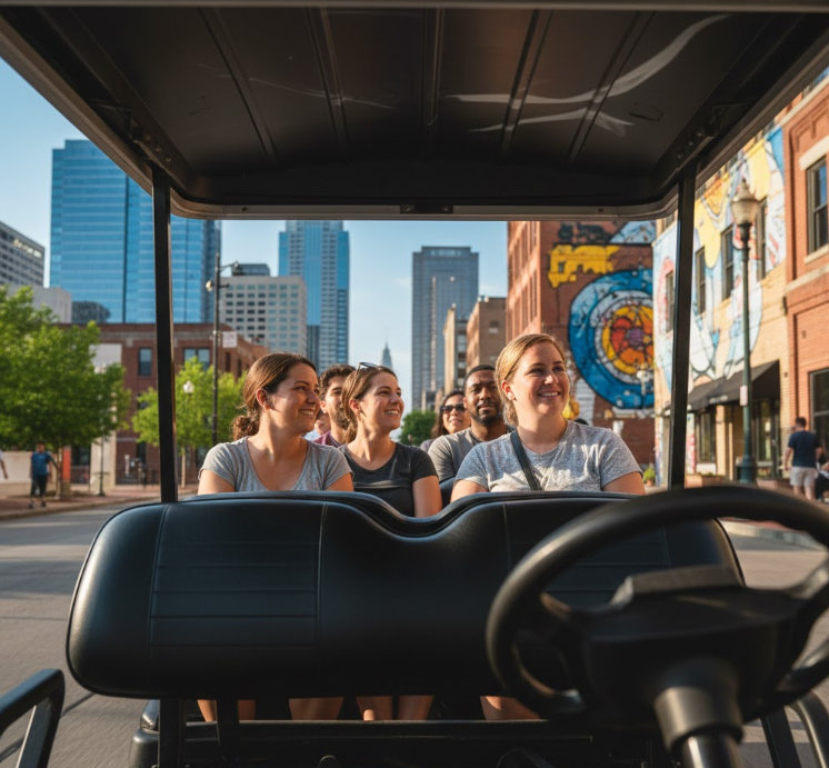 POV photo from inside an open-air city tour vehicle showing tourists looking at the Washington DC skyline and murals.