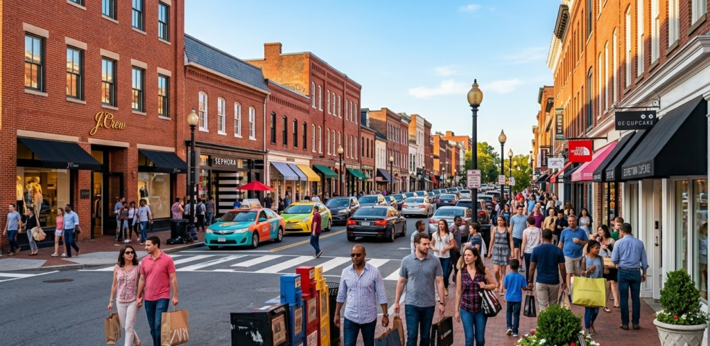 Shopping on M Street Georgetown Washington DC with boutiques and busy street scene