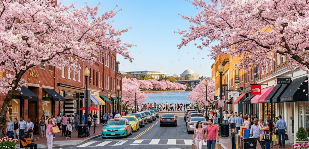 Cherry blossoms in Georgetown Washington DC near waterfront during spring