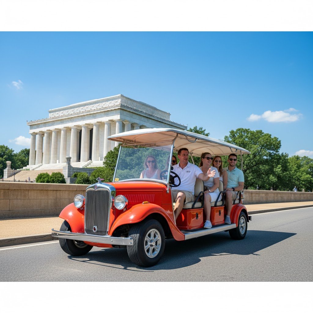 Happy tourists enjoying a bright red vintage open-air golf cart tour in front of the Lincoln Memorial in Washington DC.
