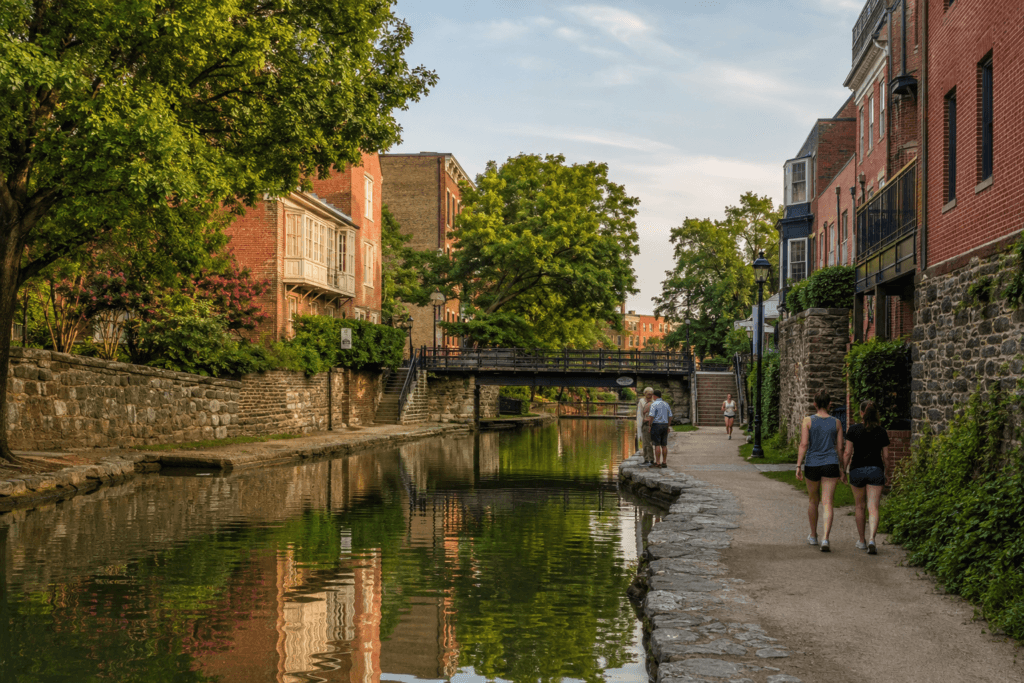Historic brick buildings beside the C&O Canal towpath in Georgetown