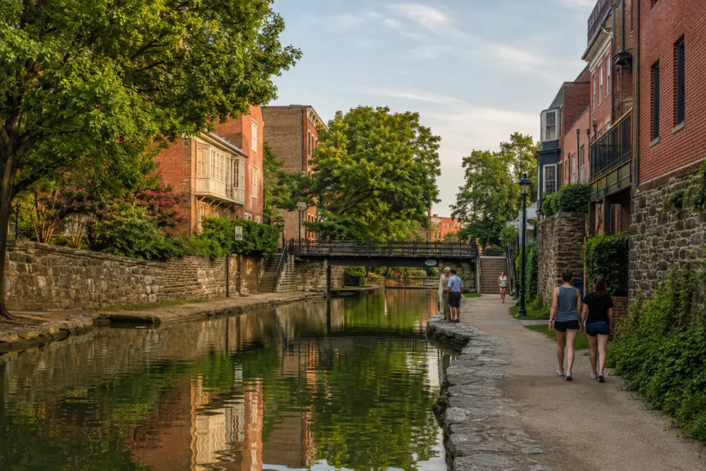 Historic brick buildings beside the C&O Canal towpath in Georgetown