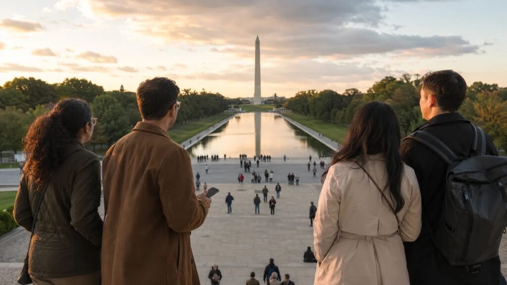 Visitors viewing the Reflecting Pool during their first Washington DC trip
