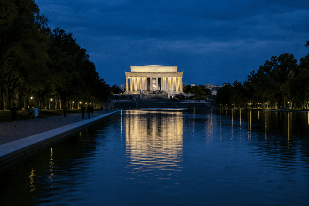 Illuminated Lincoln Memorial reflected in the Reflecting Pool at blue hour