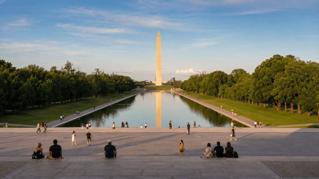 Reflecting Pool and Washington Monument seen from the Lincoln Memorial steps at golden hour