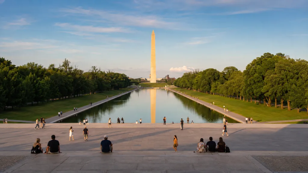Reflecting Pool and Washington Monument seen from the Lincoln Memorial steps at golden hour