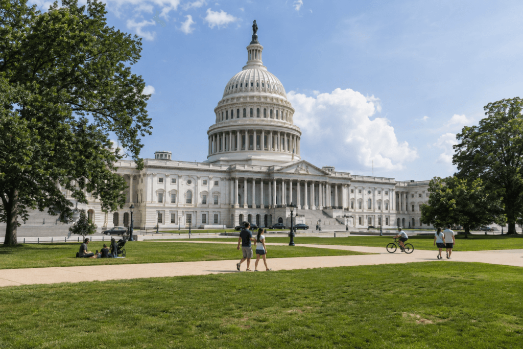 East Front of the U.S. Capitol on Capitol Hill with visitors on the grounds