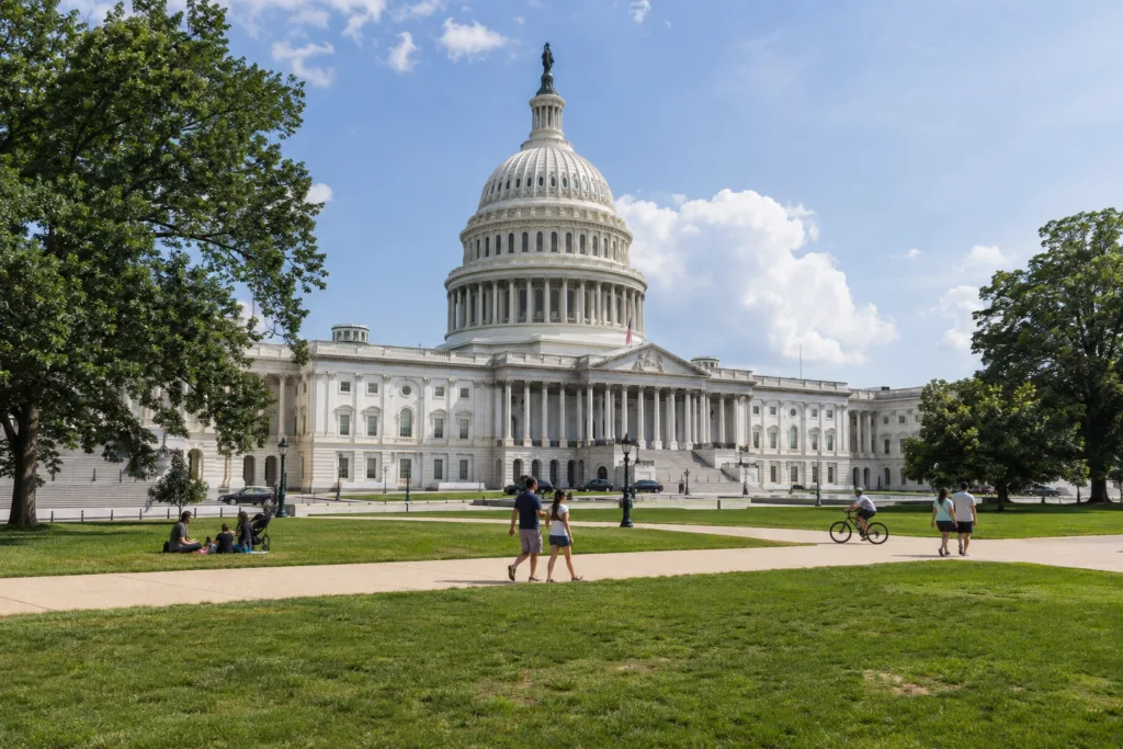 East Front of the U.S. Capitol on Capitol Hill with visitors on the grounds