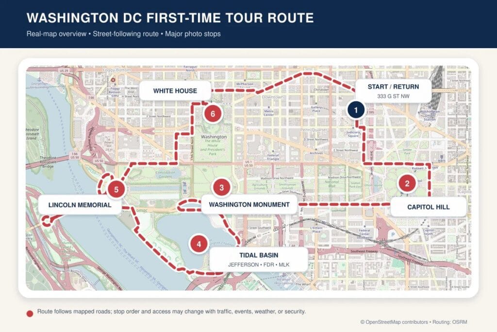 Map of a Washington DC guided tour route for first-time visitors