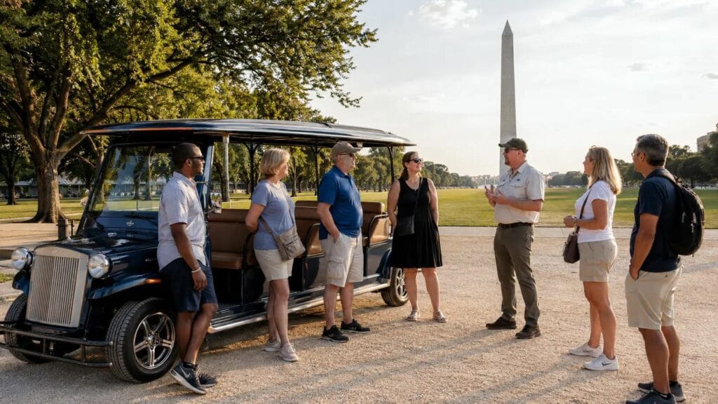 First-time visitors on a Washington DC guided tour near the Washington Monument