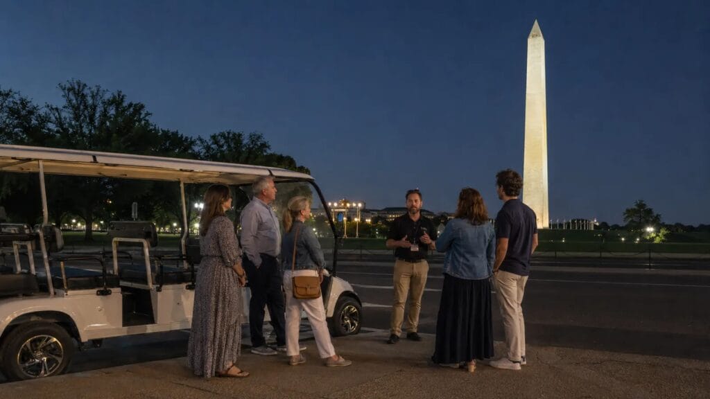 Guests on a Washington DC moonlight guided E-Cart tour