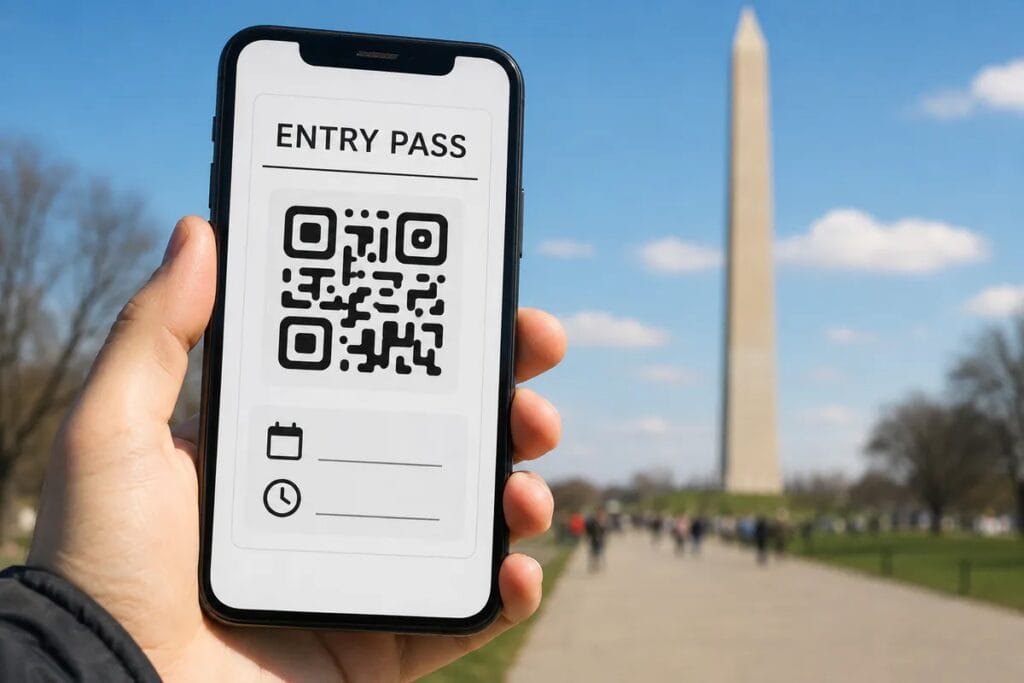 Washington Monument ticket email and QR code on a phone
