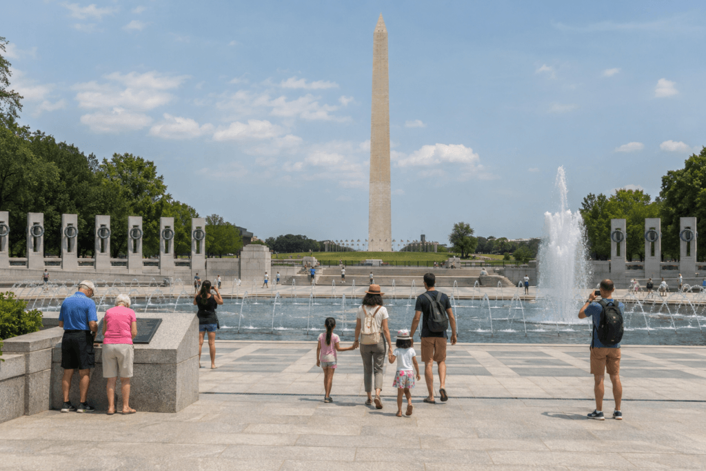 Visitors walking around the World War II Memorial with the Washington Monument behind it