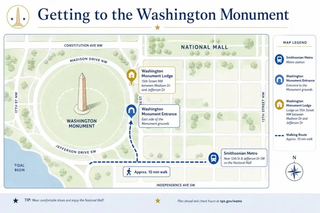 Map of the Washington Monument entrance, Lodge and Smithsonian Metro station