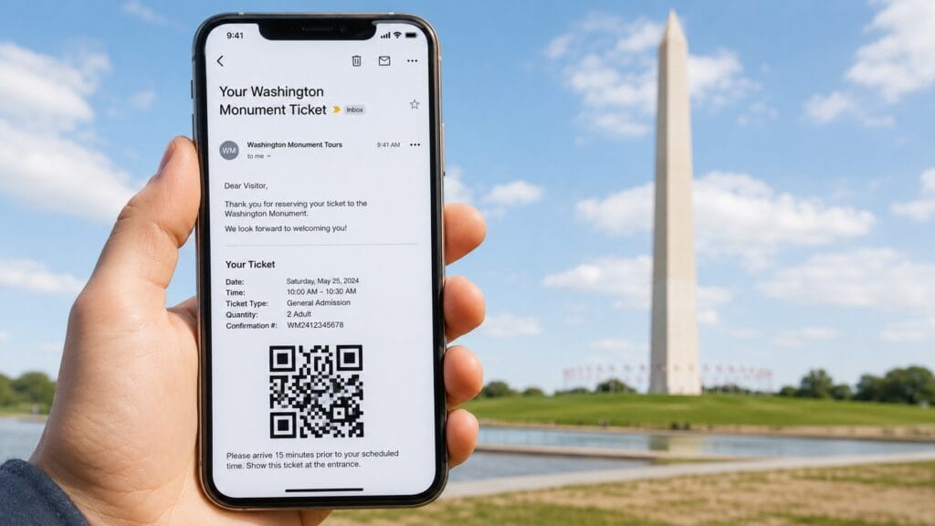Official Washington Monument ticket QR code sent by email