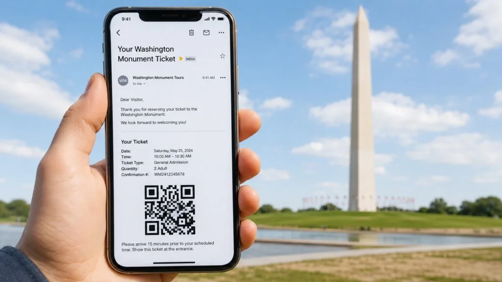 Official Washington Monument ticket QR code sent by email