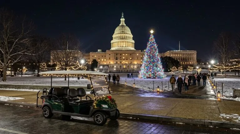 A modern open-air electric golf cart parked near the illuminated U.S. Capitol and a large glowing Christmas tree on a winter night.