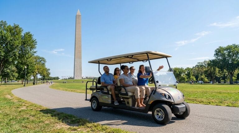 A small group of tourists riding in an open-air electric cart near the Washington Monument on a sunny day.