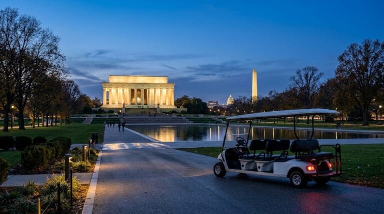 An open-air electric cart parked on a path near the illuminated Lincoln Memorial at twilight in Washington DC.