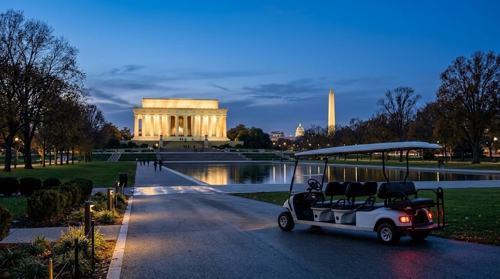 An open-air electric cart parked on a path near the illuminated Lincoln Memorial at twilight in Washington DC.