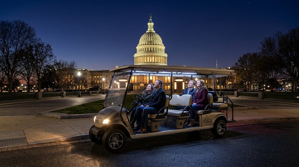 An open-air electric tour cart with passengers parked in front of the illuminated U.S. Capitol building at night.