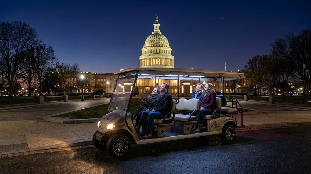 An open-air electric tour cart with passengers parked in front of the illuminated U.S. Capitol building at night.