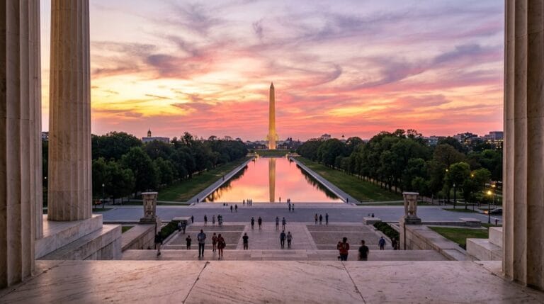 The Washington Monument and Reflecting Pool glowing in warm pink and gold sunset colors, viewed from the top steps of the Lincoln Memorial.