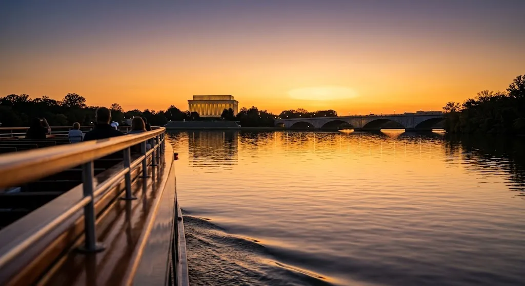 A modern sightseeing boat cruising on the Potomac River with the Washington Monument and Jefferson Memorial in the background on a sunny day.