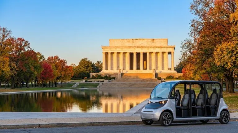 A modern open-air electric golf cart parked near the Lincoln Memorial in Washington DC during a sunny autumn day.