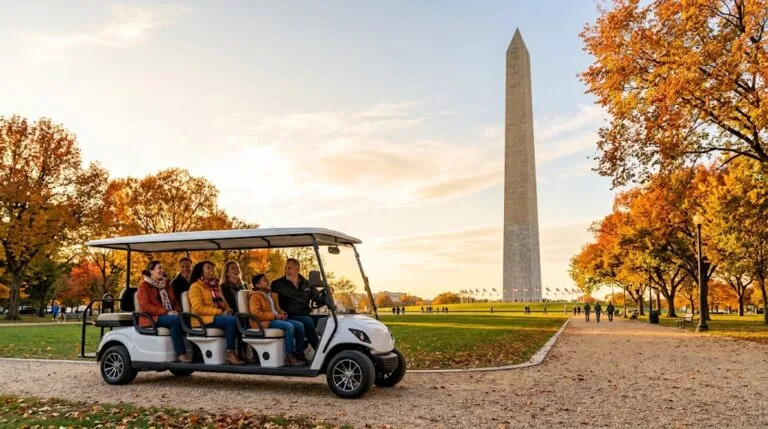 An electric sightseeing cart parked near the Washington Monument on the National Mall, surrounded by trees with bright orange and yellow fall leaves during golden hour.