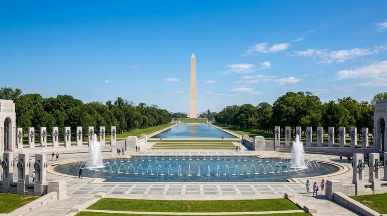 A wide view of the World War II Memorial fountains and granite pillars with the Washington Monument in the background on a sunny day in Washington DC.
